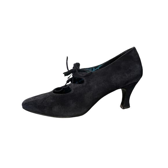 Lord & Taylor Navy Suede Lace-Up Cutout Kitten Heels Olivette 7M Retro - Picture 2 of 13